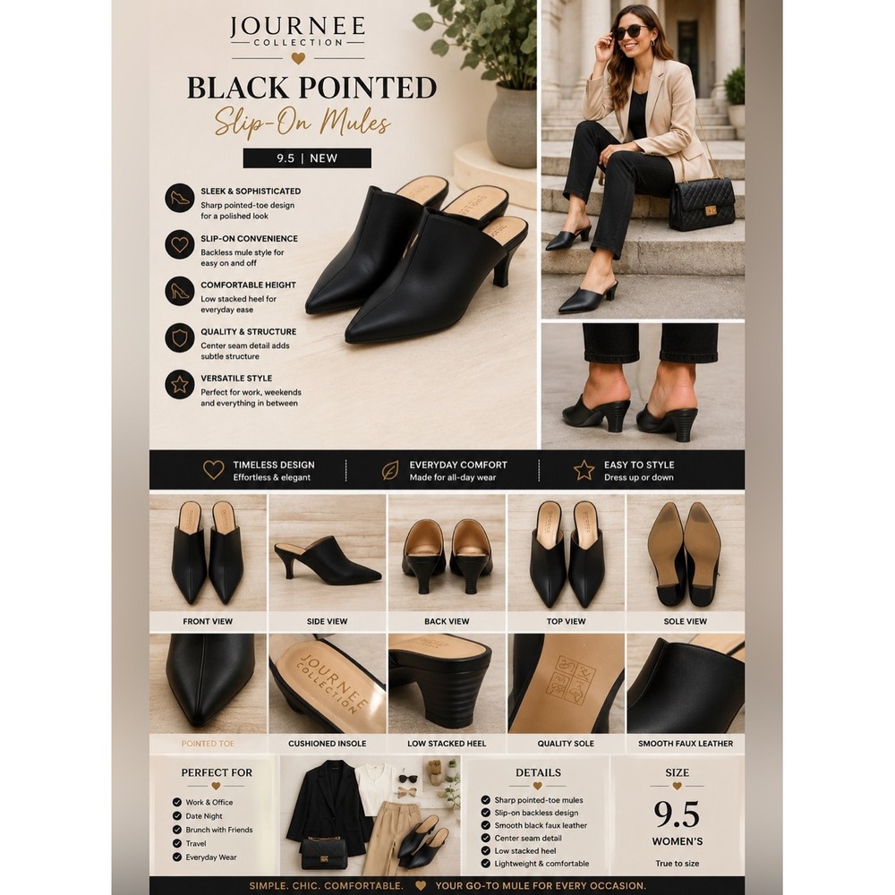 Journee Collection Black Pointed Slip-On Mules 9.5 NEW